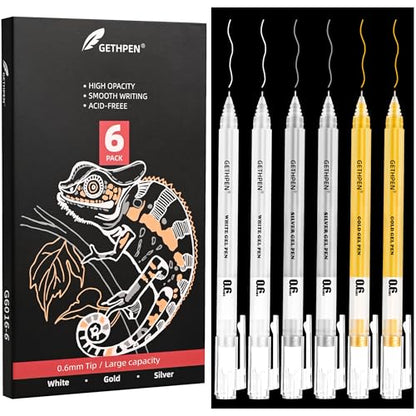 GETHPEN White Gold and Silver Gel Pen Set, 0.6mm Extra Fine Point Pens Gel Ink Pens Opaque Archival Ink Pens for Black Paper Drawing,Sketching,Card Making, Illustration, Bullet Journaling, 6 Pack - size: 0.6 mm, style: 6 Pack White, Gold and Silver