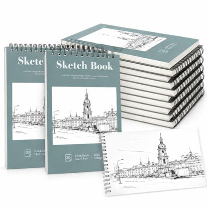 12 Pack Sketch Book, 5.5 x 8.5 Inch Sketchbook, 68lb/100gsm Top Spiral Bound Sketch Pad, Acid Free Art Supplies Drawing Painting Sketching Paper for Adults, Beginners, Artists (30 Sheets Each) - color: Light Cyan, size: 5.5 × 8.5Inch（12 Pack）