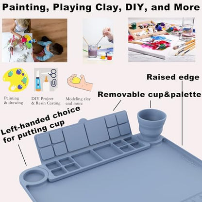 Silicone Painting Mat with Cup and Palette Removable, 17"X13" Thick Silicone Art Mat for Craft with Raised Edge for Resin DIY Making, Gray - color: Gray