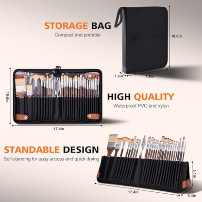 26pcs Paint Brush Set, Includes Flat, Filbert, Fan, Dagger, Cat Tongue, Round, Angle, Rigger & Palette Knife, Travel Paint Brushes for Acrylic Painting, Watercolor, Oil, Canvas, Face Painting