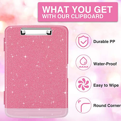 Sooez Glitter Clipboard with Storage, High Capacity Clip Boards 8.5x11 with Pen Holder, Cute Clipboards with Low Profile Clip, Sparkle Plastic Organizer Case Box for Women & Kids, Side Opening - color: Glitter Rose Pink