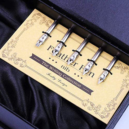 Feather Quill Pen Ink Set-Vintage Peacock Feather Pen with Holder,5pc Metal Pen Nib Writing Calligraphy Pen Set for Beginner