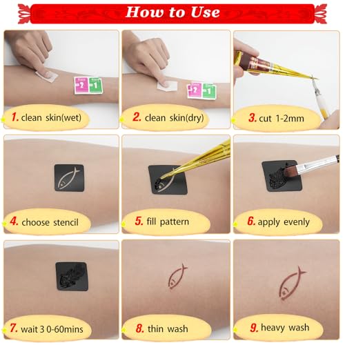 12 Sheets Temporary Tattoo Stencils Kit-Large 78 Pcs Tattoo Patterns-6 Pcs (Reddish-Brown/Black/Maroon) Ink with Paint Brush for DIY Body Art-Tattoos for Adults, Teens, Beginners，Family Fun & Parties - color: D-6Pcs