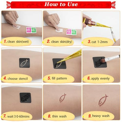 12 Sheets Temporary Tattoo Stencils Kit-Large 78 Pcs Tattoo Patterns-6 Pcs (Reddish-Brown/Black/Maroon) Ink with Paint Brush for DIY Body Art-Tattoos for Adults, Teens, Beginners，Family Fun & Parties - color: D-6Pcs