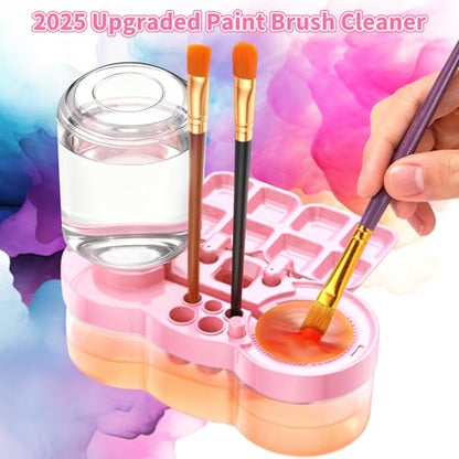 2026 Upgraded Paint Brush Cleaner, Kids Painting Station with Brush Washer, Water Cycle Watercolor Rinser Dispenser with Holder and Palette, Art Supplies Cleaning System for Children Adults(Pink)