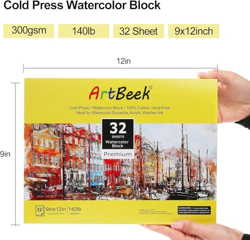 ArtBeek Watercolor Paper Block, Watercolor Block 100% Cotton 140g/300GSM (9X12 Cold Press)