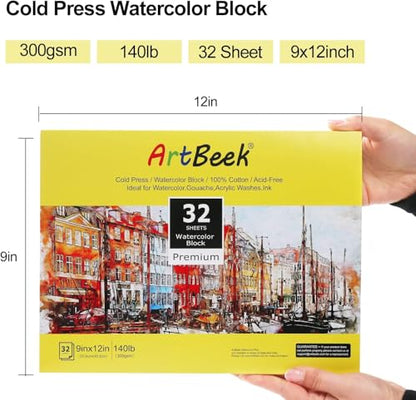ArtBeek Watercolor Paper Block, Watercolor Block 100% Cotton 140g/300GSM (9X12 Cold Press)