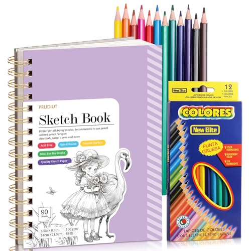 Sketch Book with 12 Color Pencil Set, 90 Sheets Spiral Sketchbook for Drawing (68lb/100gsm), Acid-Free Sketch Pad for Artist, Art Paper Drawing Supplies for Gifts(Purple) - color: Purple, size: 5.5×8.5 Inch (1 Pack)