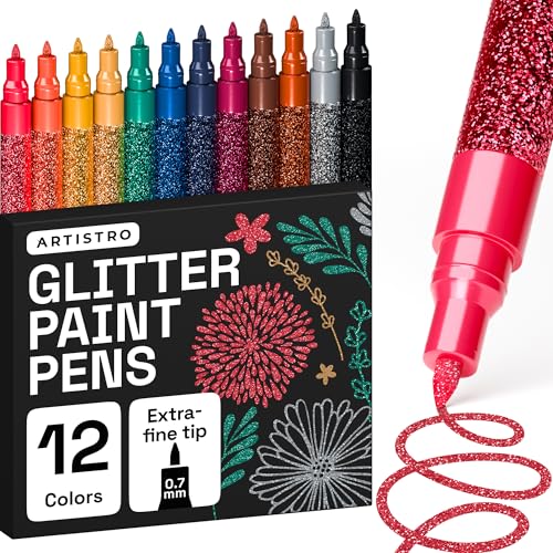 ARTISTRO 12 Glitter Paint Pens for Glass Marking, Rock Painting, Ceramic, Wood, Fabric, Scrapbooking, DIY Craft Making, Coloring - Acrylic Paint Markers Extra-Fine Tip 0.7mm - color: Glitter, style: Extra Fine