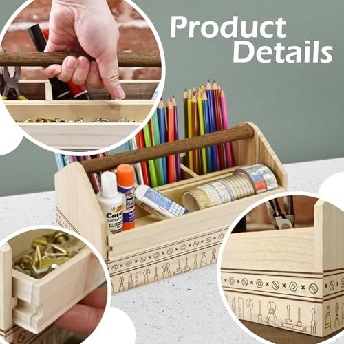 Ikee Design Small Wooden 5-Compartment Craft Tool Box Caddy with Drawer and Handle, Desk Art Supply Storage Organizer for Craft Tools, Makeup Essentials, 10 W x 4.9 D x 5.5 H in - color: Natural with Pattern