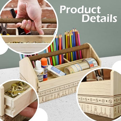 Ikee Design Small Wooden 5-Compartment Craft Tool Box Caddy with Drawer and Handle, Desk Art Supply Storage Organizer for Craft Tools, Makeup Essentials, 10 W x 4.9 D x 5.5 H in - color: Natural with Pattern