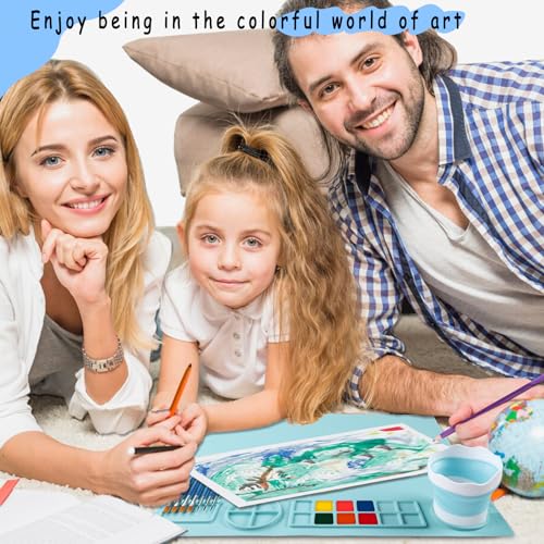 DIYDEC Silicone Craft Mat 20X16 Inch Large Silicone Art mat with Detachable Cup Painting Mat with 10 Painting Brushes Silicone Drawing Mat Sheets for Kids Adult DIY Accessories (Blue) - color: Blue