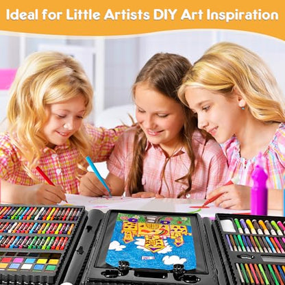 Art Supplies 332 Piece Drawing Art Kit Gifts for Girls Boys Kids Teens Gifts Art Set Case with Double Sided Trifold Easel, Stickers, Sketch Paper, Coloring Book, Pastels, Crayons, Pencils (Black) - color: Black