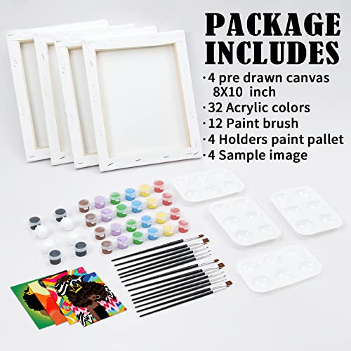 VOCHIC 4 Pack 8x10 Party Kits Canvas Painting Kit Pre Drawn Canvas for Painting for Adults Paint and Sip Supplies Afro Queen BLM Girl Paint Art Set - size: 8x10, style: style 1