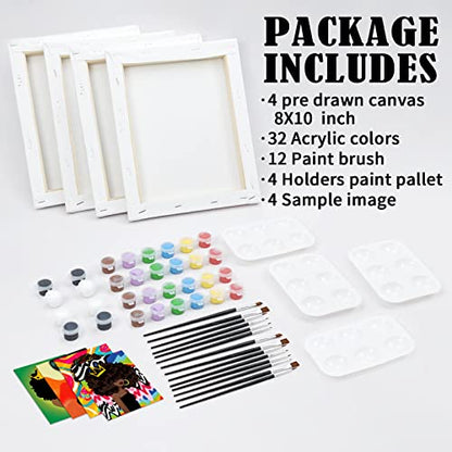 VOCHIC 4 Pack 8x10 Party Kits Canvas Painting Kit Pre Drawn Canvas for Painting for Adults Paint and Sip Supplies Afro Queen BLM Girl Paint Art Set - size: 8x10, style: style 1
