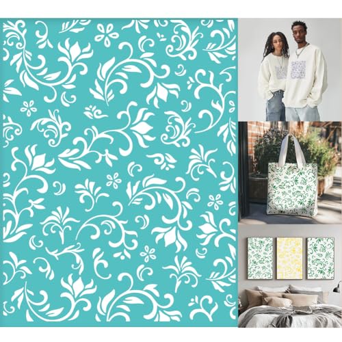 2 Pcs Flower Borders Silkscreen Stencil, Reusable Self-Adhesive Silk Screen Printing Plants Pattern Mesh Transfers Stencil for Painting on Wood Fabric DIY T-Shirt, 8.7x11 Inches - style: Plants