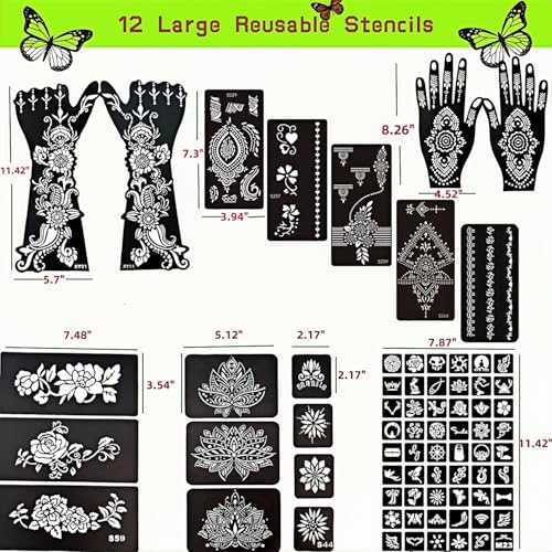 Temporary Tattoo Stencils Kit-Reusable 12 Large Sheets, 78 Unique Designs-6 Tattoo Cones 3 Colors (Brown/Black/Maroon) with Brush & Wipes for Adults, Teens, Beginners,Family Fun Party - color: A-6Pcs