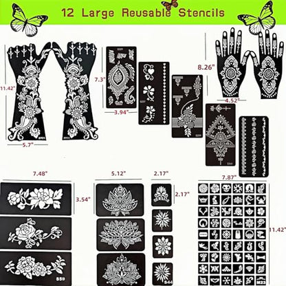 Temporary Tattoo Stencils Kit-Reusable 12 Large Sheets, 78 Unique Designs-6 Tattoo Cones 3 Colors (Brown/Black/Maroon) with Brush & Wipes for Adults, Teens, Beginners,Family Fun Party - color: A-6Pcs