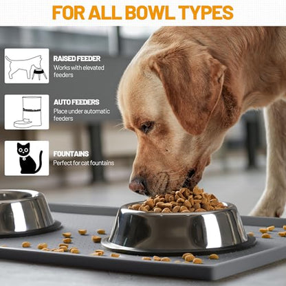 Hubulk Dog Feeding Mat,100% Waterproof BPA Free Silicone Pet Food and Water Bowl Placemat,Dishwasher, High Raised Edge to Prevent Spills,Nonslip Tray to Stop Messes on Floor (19"x12"x0.5", Grey) - color: Grey, size: 19"l X 12"w