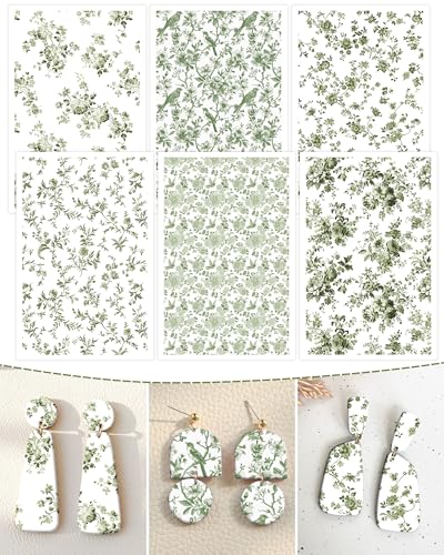 Puocaon Green Flower Clay Transfer Paper - 18 Pcs Chinoiserie Flower Art Design Transfer Sheets for Polymer Clay Brown Floral Earrings Design Jewelry Making - color: green chinoiserie