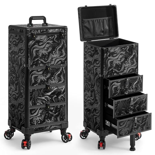 Rolling Makeup Train Case with 3 Drawers, Nail Trolley Cart Salon Station Cosmetology Case on Wheels Organizer Cases for Nail Tech,SPA,Face Painting,Hairstylist,Makeup Artist (Ink Black) - color: Ink Black, size: 4 IN 1