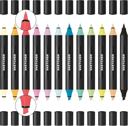 Sketcher Twin Tip Molotow Marker Set 12 Pack - Aqua Pro Ink Dual Nib 2-5mm Ink Pen Art Drawing Bundle (Main 2) - style: Main Kit 2