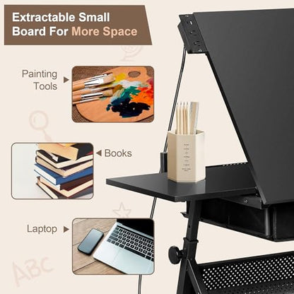 ZENY Adjustable Drafting Table with Stool, Tilting Drawing Desk Artist Table with Storage Drawers, Art Craft Workstation for Home Office Reading, Writing, Crafting (Black-with Outlet) - color: Black-with Outlet