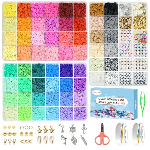 Redtwo 10000 Pcs Clay Beads Bracelet Making Kit, 3 Boxes 60 Colors Flat Preppy Beads for Friendship Bracelet Kit, Polymer Heishi Beads with Charms for Jewelry Making, Crafts Gifts for Teen Girls - color: 60 Colors