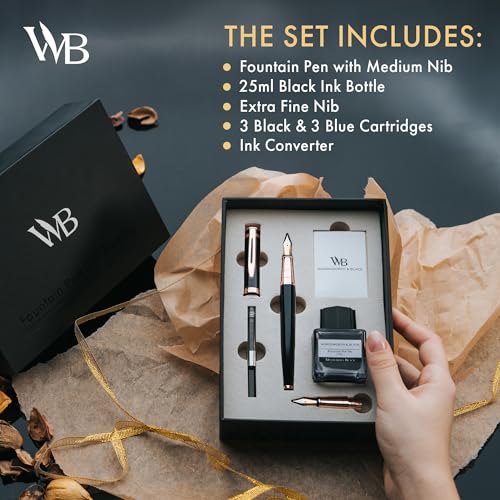 Wordsworth & Black Fountain Pen Set, 18K Gilded Medium and Extra Fine Nib, 25ML Black Bottle, 6 Ink Cartridges, Refill Converter, Smooth Writing Pens [Black Rose Gold], Gift Set for Men and Women - color: Black Rose Gold
