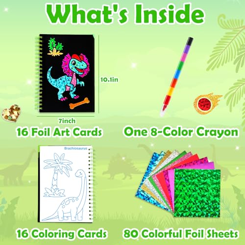 FUNNYB&G Foil Art Craft Kit for Boys 4-10 Years Old: Mess-Free & No-Glue, Create 16 Sparkly Dinosaur World Pictures – Perfect Travel Toy & Birthday Gift for Kids (Dinosaur World) - style: Dinosaur World
