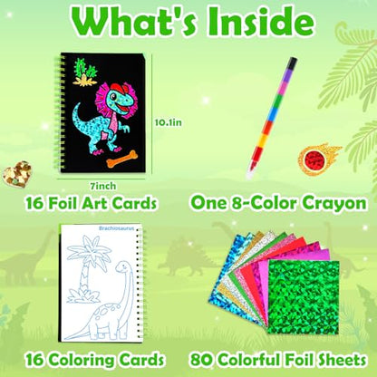FUNNYB&G Foil Art Craft Kit for Boys 4-10 Years Old: Mess-Free & No-Glue, Create 16 Sparkly Dinosaur World Pictures – Perfect Travel Toy & Birthday Gift for Kids (Dinosaur World) - style: Dinosaur World