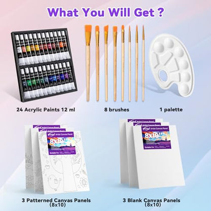 Painting Kit for Kids 6-12 Paint Set for Kids with 24 Acrylic Paint | Paint Supplies Set for Kids Adults with Paint Brushes Canvas Panels