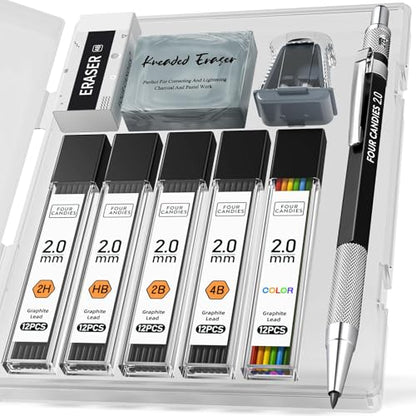 Four Candies 2MM Mechanical Pencil Set with case, Artist Led Pencil Metal Lead Holder with 60PCS Graphite Lead Refill (HB, 2H, 2B, 4B, Color) Kneaded Eraser, Sharpener for Writing, Drawing, Sketching - size: 9 Piece Set