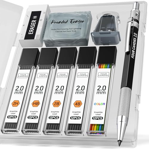 Four Candies 2MM Mechanical Pencil Set with case, Artist Led Pencil Metal Lead Holder with 60PCS Graphite Lead Refill (HB, 2H, 2B, 4B, Color) Kneaded Eraser, Sharpener for Writing, Drawing, Sketching - size: 9 Piece Set