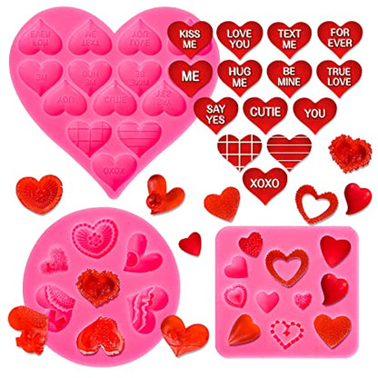 Whaline 3Pcs Valentine's Day Fondant Molds Conversation Heart Pattern 3D Silicone Mould Love You XOXO Letter Cupcake Cookie Decorating Baking Mold for Wedding Anniversary Mother's Day DIY Candy - style: Heart