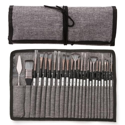24pcs Paint Brush Set, Expert Series, 23 Different Shapes + Mixing Knife with Cloth Roll Case, Enhanced Synthetic Painting Brushes Set for Acrylic, Watercolor, Oil, Gouache (Grey) - color: Gray