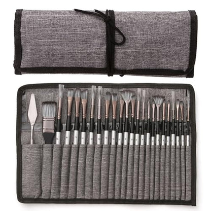 24pcs Paint Brush Set, Expert Series, 23 Different Shapes + Mixing Knife with Cloth Roll Case, Enhanced Synthetic Painting Brushes Set for Acrylic, Watercolor, Oil, Gouache (Grey) - color: Gray