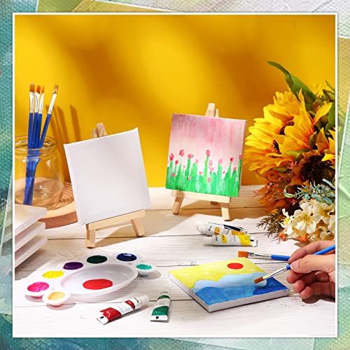 Fuutreo 200 Pcs 4 x 4 Inch Mini Canvas and Easel Set, 100 Mini Stretched Canvas with 100 Wooden Easels for Acrylic Pouring Oil Paint Water Color Painting - size: 4 x 4 Inch