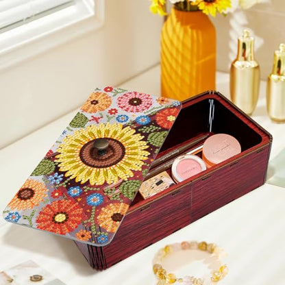 Diamond Art Painting Storage Box Kit, DIY Rectangular Wooden Decorative Container Holder with Lid, Snack Jewelry Gem Art Organizer Case for Adults (Sunflower) - style: Sunflower