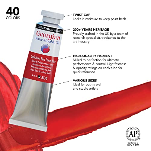 Daler Rowney Georgian Water Mixable Oil Paint Cadmium Red Deep Hue 37ml Tube - Art Paints for Canvas Paper and More - Oil Painting Supplies for Artists and Students - Artist Oil Paint for All Skills