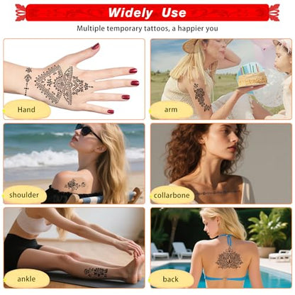 12 Sheets Temporary Tattoo Stencils Kit-Large 78 Pcs Tattoo Patterns-6 Pcs (Reddish-Brown/Black/Maroon) Ink with Paint Brush for DIY Body Art-Tattoos for Adults, Teens, Beginners，Family Fun & Parties - color: D-6Pcs