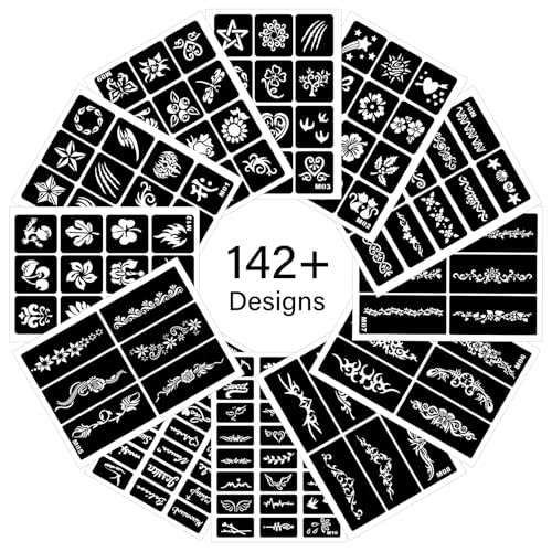 12 Temporary Tattoo Stencils,142 PCS Henna Stencils Reusable Tattoo Stencils for Face Body Art Painting for Women Men Adults Kids - color: 12 sheets, 142 pcs