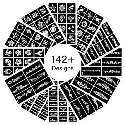 12 Temporary Tattoo Stencils,142 PCS Henna Stencils Reusable Tattoo Stencils for Face Body Art Painting for Women Men Adults Kids - color: 12 sheets, 142 pcs