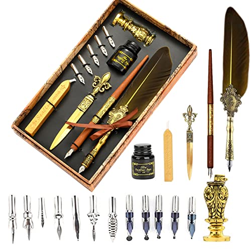 Joyeee Real Feather Quill Pen and Ink Set, Include Sealing Wax Stamp Kit for Wedding, Wooden Calligraphy Dip Pens, 17 Replacement Nibs, Wax Seal Stick for Stamp Seals, Dark Yellow - color: #111 Dark yellow