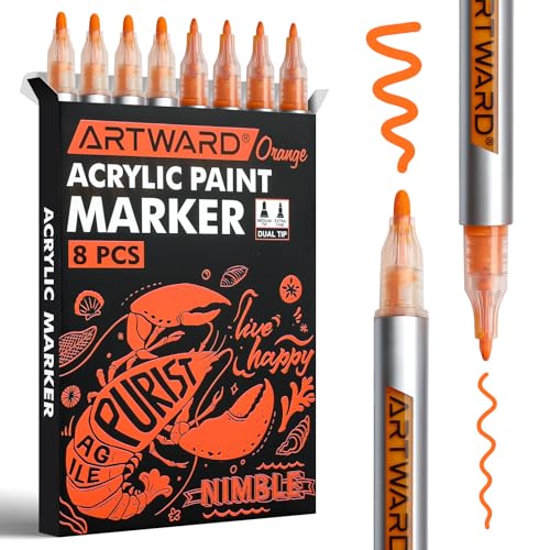 Orange Acrylic Paint Markers 8 Pack, Dual Tip 0.7mm & 3mm Acrylic Paint Pens, for Rock, Wood, Glass, Canvas, Ceramic, Metal, DIY Crafts - color: Orange