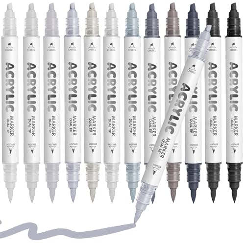 White Gray Acrylic Paint Pens, Water Based 12 Colors Dual Tip Acrylic Paint Markers for Rock Painting Wood, Glass, Ceramic, Canvas, Fabric, Stone, DIY Crafts Making Art Supplies - color: White Gray Series