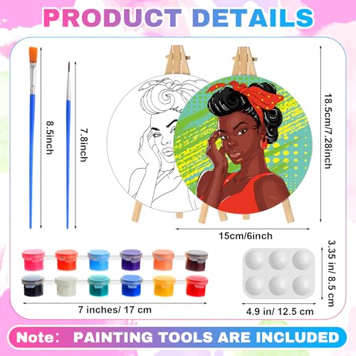 Supervitae 72 Piece Black Girls Round Pre Drawn Canvas Kit 5.9" Paint and Sip Kit for Adults Painting Party Pre Printed Canvas DIY with Pictures Paints Easels Brushes for Party Gifts - size: 5.9", style: Black Girls