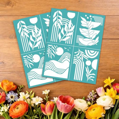 2 Sheets Botanical Silk Screen Stencil, Plant Mountian Moon Self-Adhesive Silk Screen Printing Stencils Abstract Reusable Mesh Stencil for Painting on Wall, Wood, T-Shirt, Home Craft Decor - style: Botanical