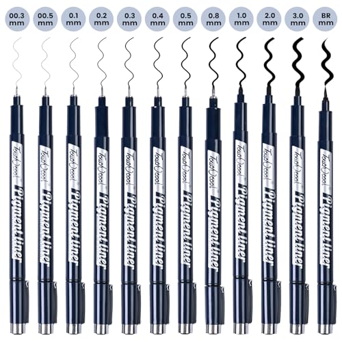 Micro Drawing Pens Art Pens, Fineliner - 12 Assorted Sizes, Fine Line Waterproof Black Ink Artist Supplies for Artists Adults Sketch Outline Anime Illustration Manga Writing