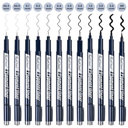 Micro Drawing Pens Art Pens, Fineliner - 12 Assorted Sizes, Fine Line Waterproof Black Ink Artist Supplies for Artists Adults Sketch Outline Anime Illustration Manga Writing